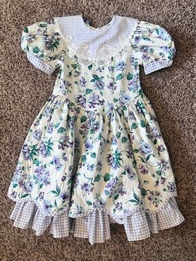 Vintage 90s Girls 100% Cotton Purple Floral Gingham Dress Easter